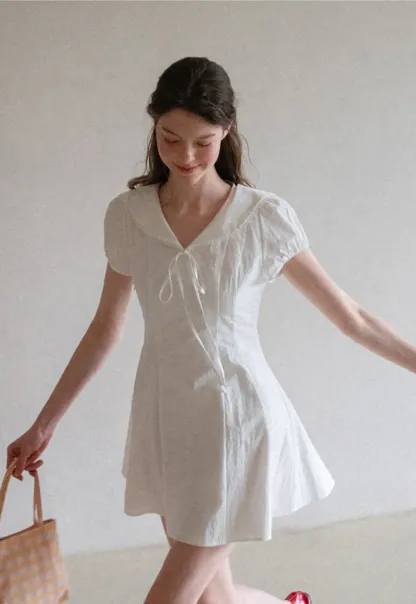 Puff Sleeve Collar Tie Front Dress