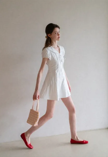 Puff Sleeve Collar Tie Front Dress