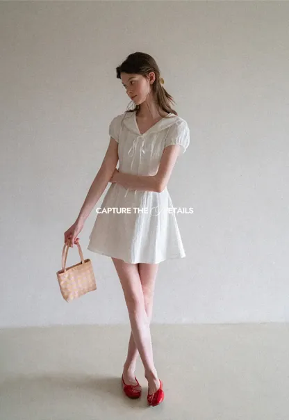Puff Sleeve Collar Tie Front Dress