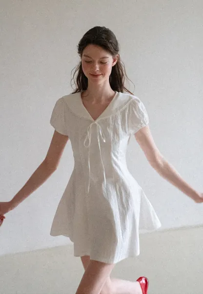 Puff Sleeve Collar Tie Front Dress