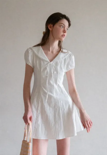 Puff Sleeve Collar Tie Front Dress