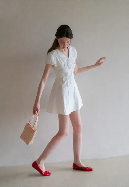 Puff Sleeve Collar Tie Front Dress