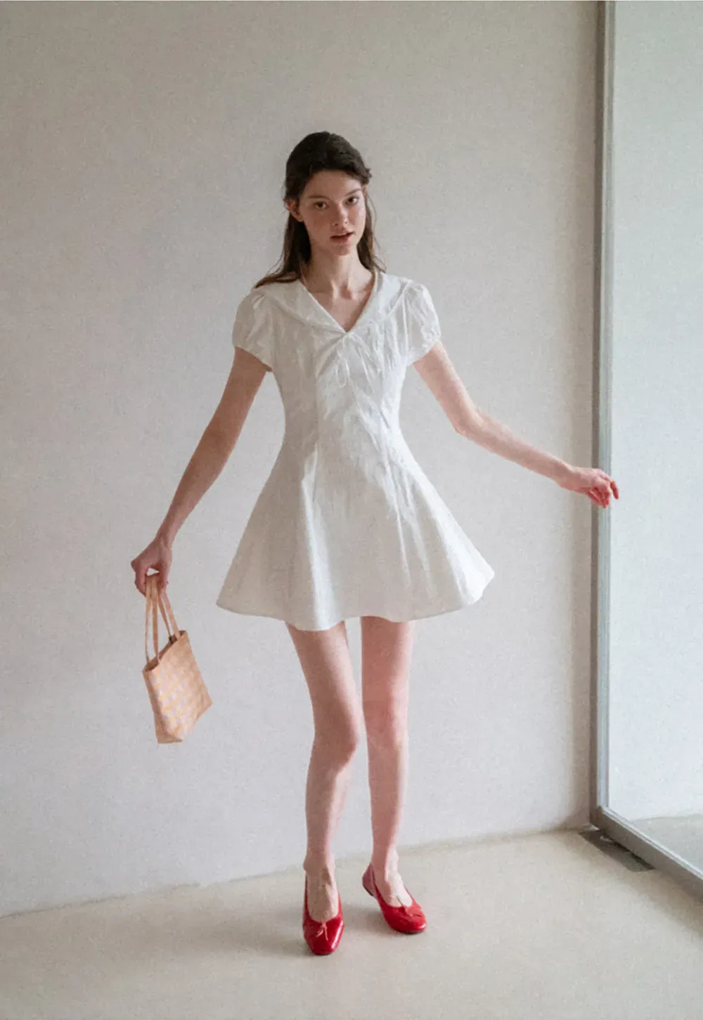 Puff Sleeve Collar Tie Front Dress