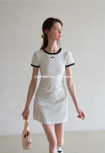 Polka Dot T Shirt Dress With Contrast Trim