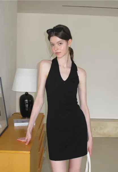 Halter Neck Zip Front Fitted Dress