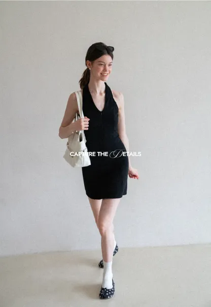Halter Neck Zip Front Fitted Dress