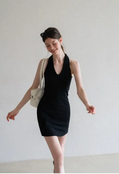Halter Neck Zip Front Fitted Dress