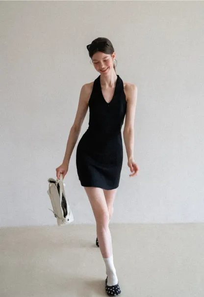 Halter Neck Zip Front Fitted Dress