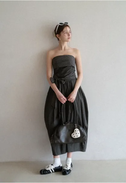 Strapless dress with checkered bodice and tie waist