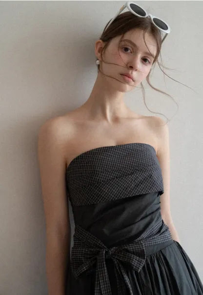 Strapless dress with checkered bodice and tie waist