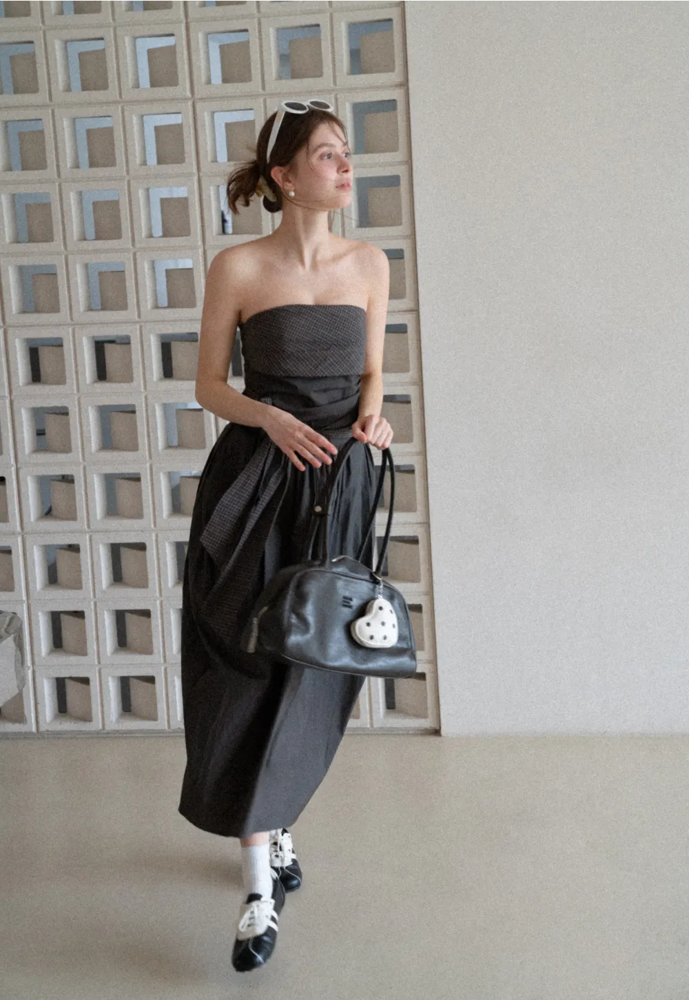 Strapless dress with checkered bodice and tie waist