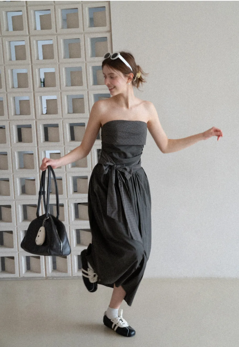 Strapless dress with checkered bodice and tie waist