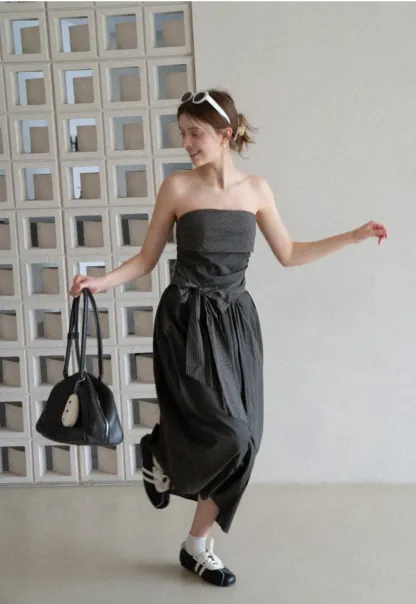 Strapless dress with checkered bodice and tie waist