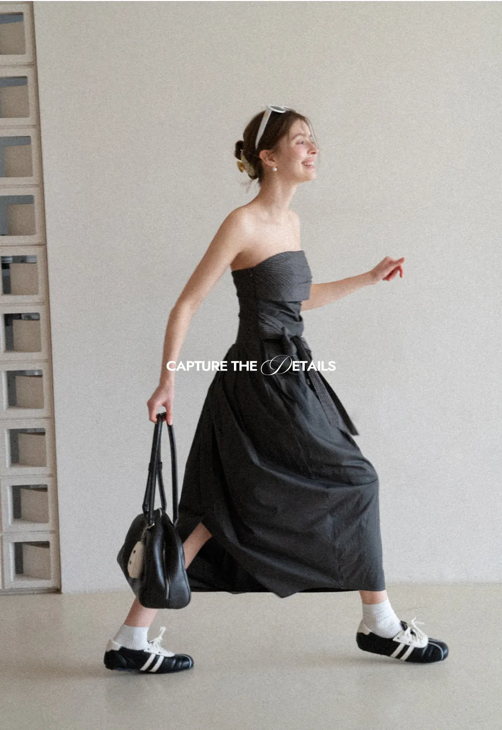 Strapless dress with checkered bodice and tie waist