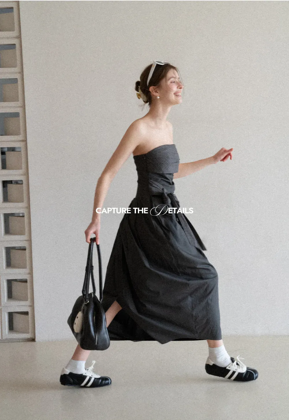 Strapless dress with checkered bodice and tie waist