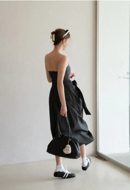 Strapless dress with checkered bodice and tie waist