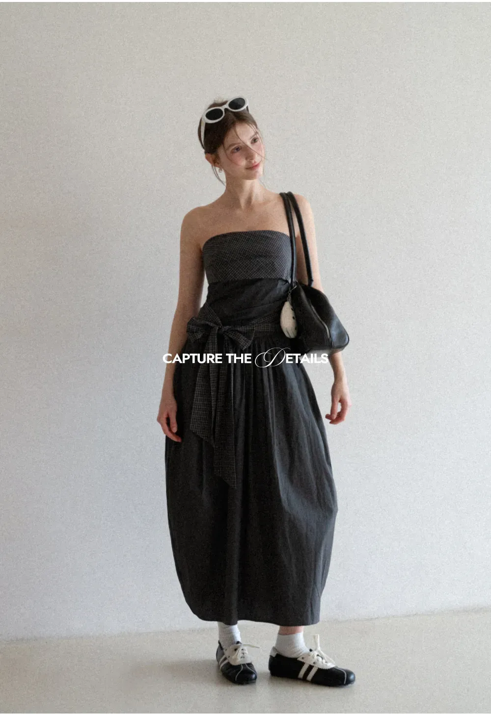 Strapless dress with checkered bodice and tie waist