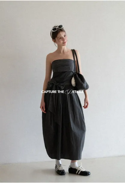 Strapless dress with checkered bodice and tie waist