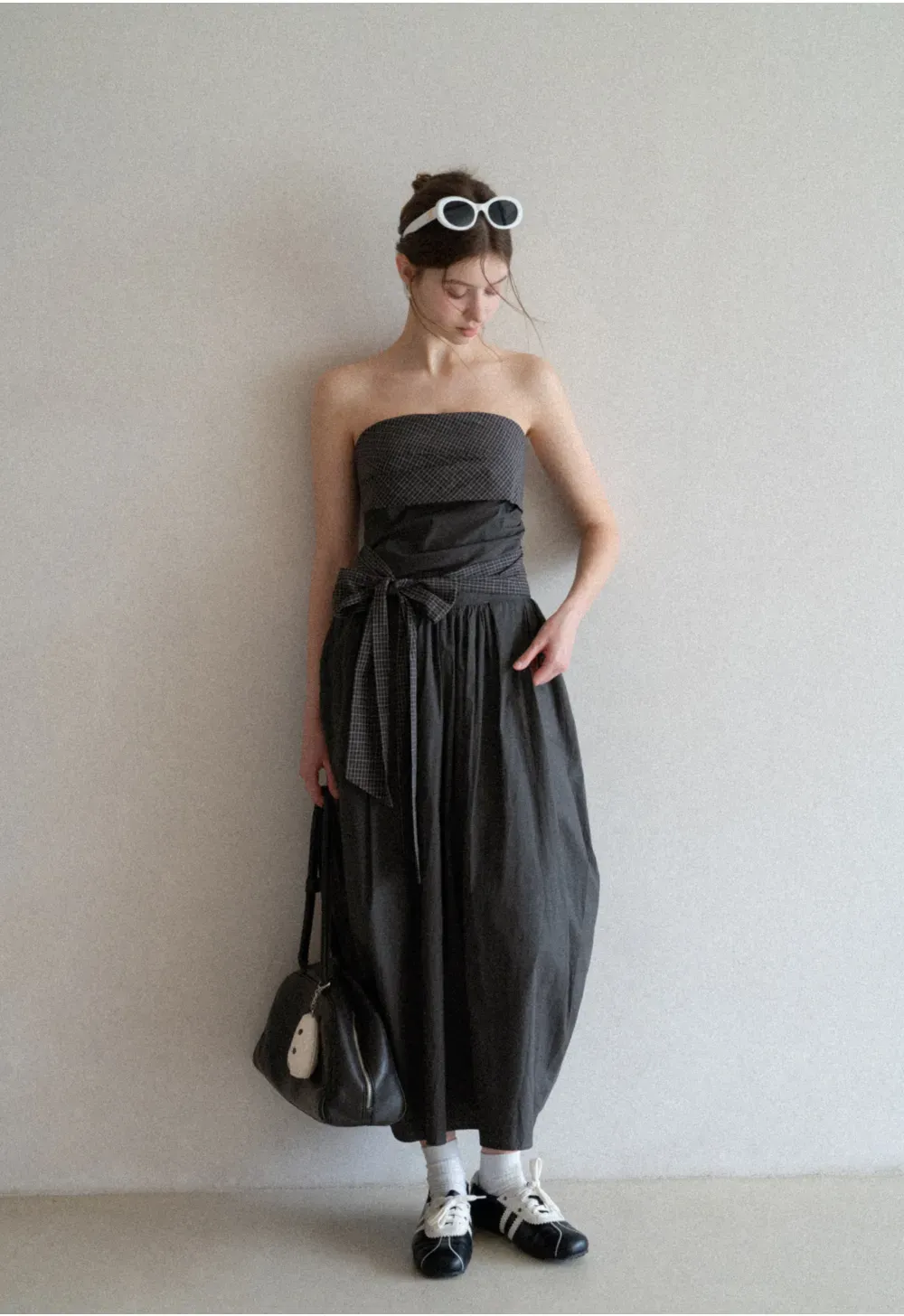 Strapless dress with checkered bodice and tie waist