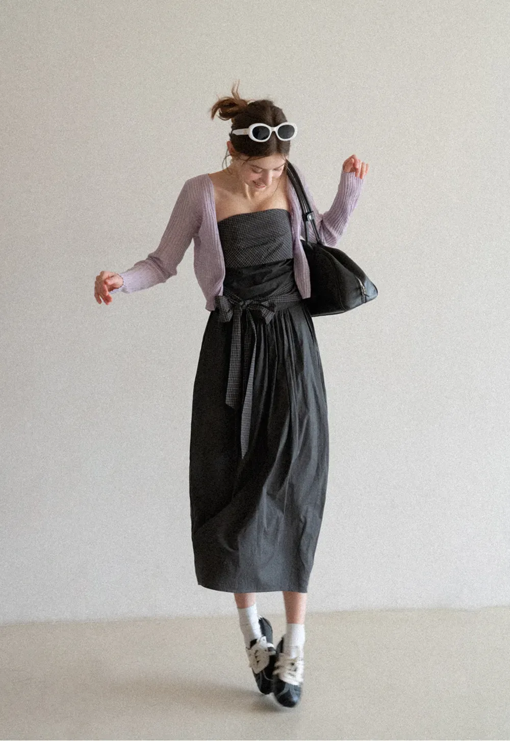 Strapless dress with checkered bodice and tie waist