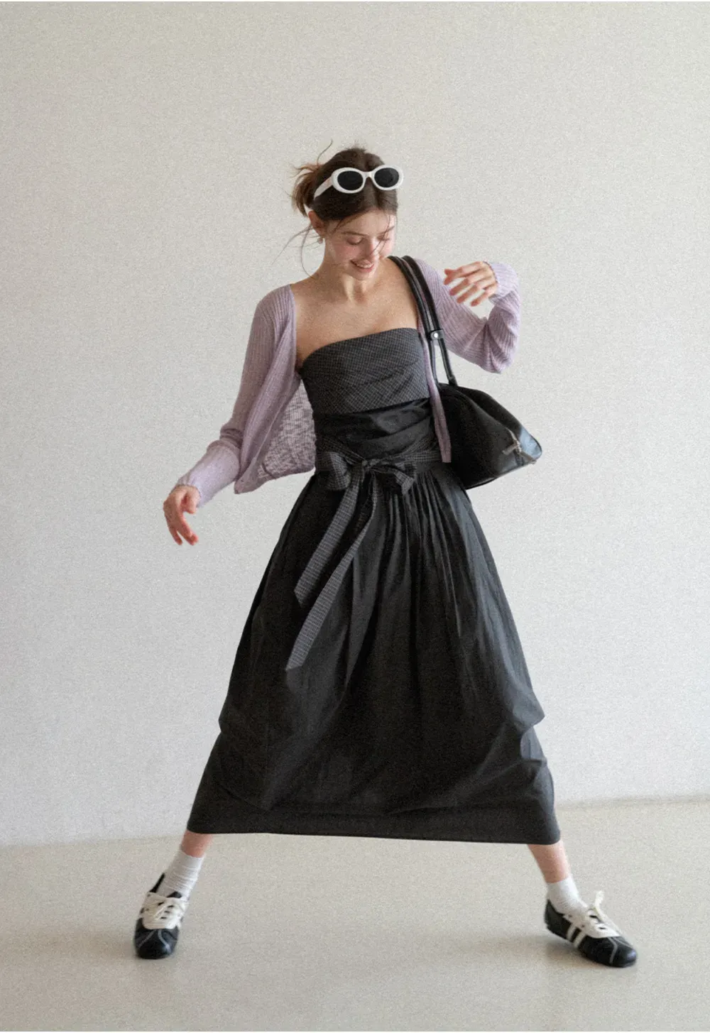 Strapless dress with checkered bodice and tie waist