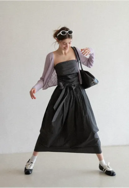 Strapless dress with checkered bodice and tie waist