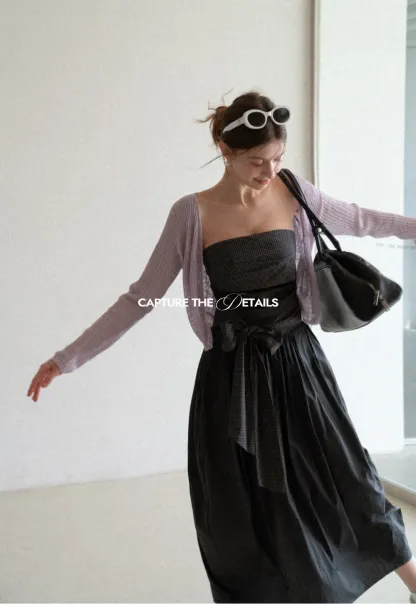 Strapless dress with checkered bodice and tie waist