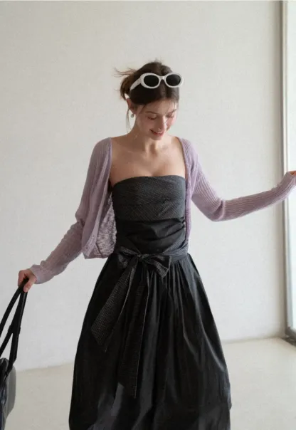 Strapless dress with checkered bodice and tie waist