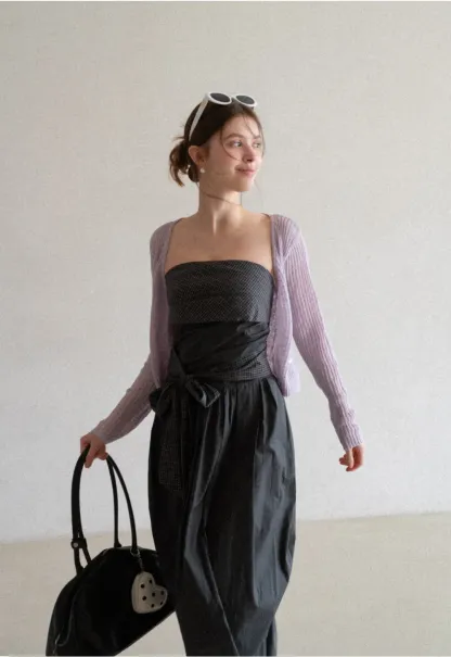 Strapless dress with checkered bodice and tie waist