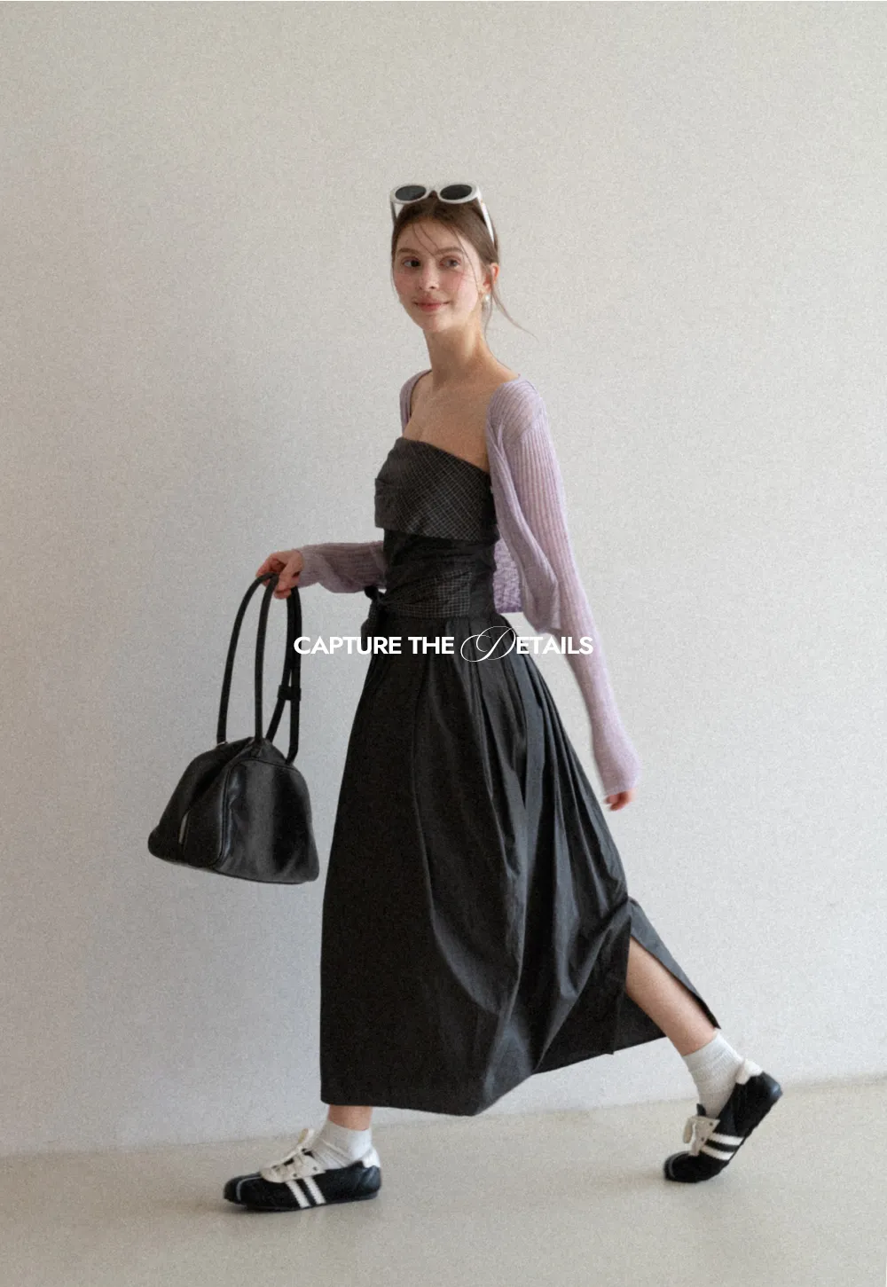 Strapless dress with checkered bodice and tie waist