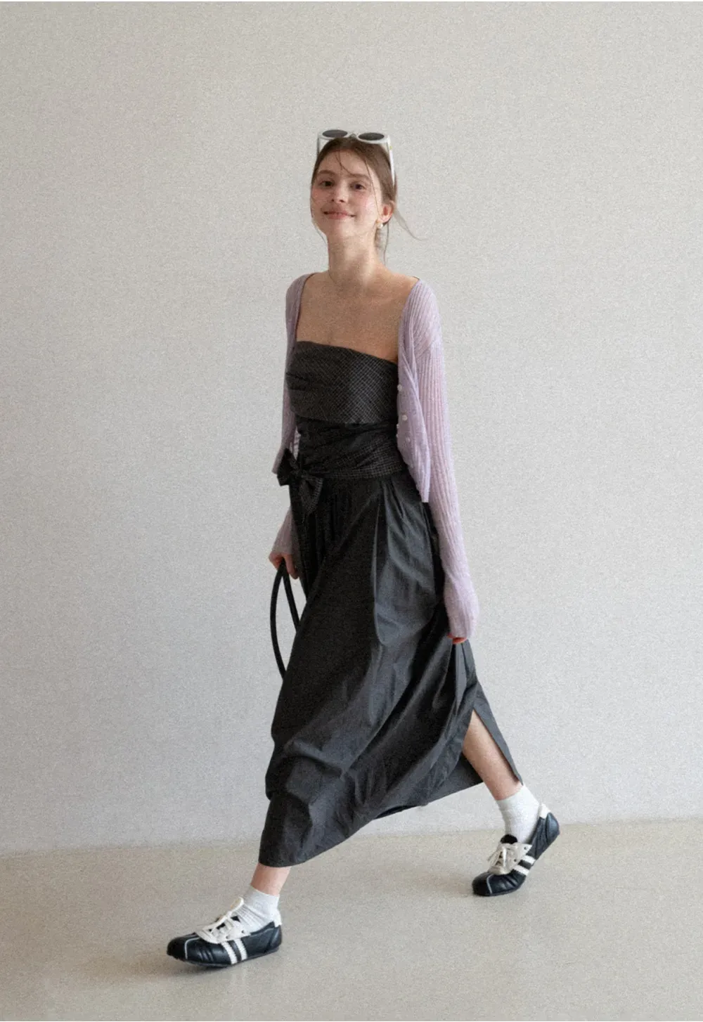 Strapless dress with checkered bodice and tie waist