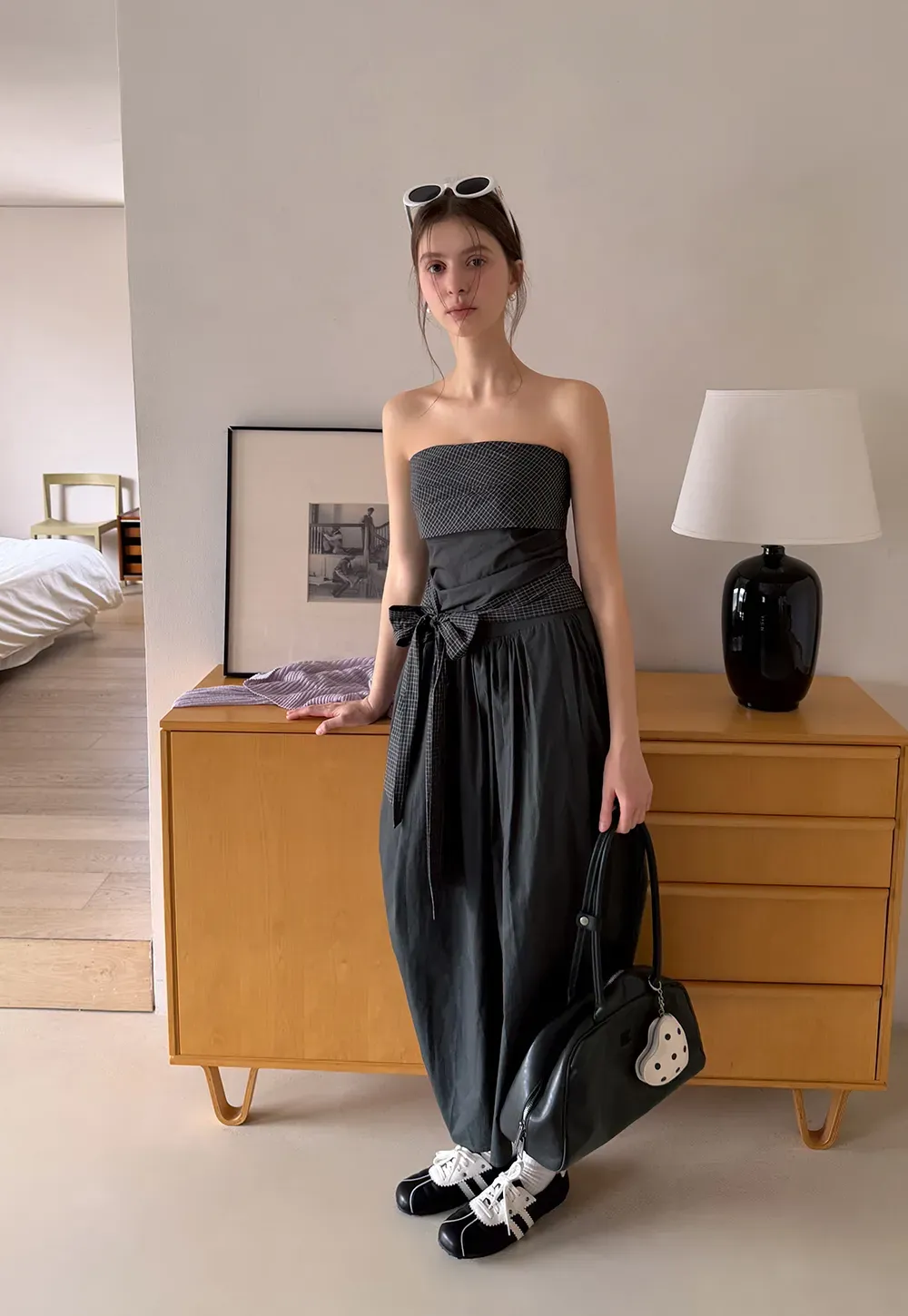 Strapless dress with checkered bodice and tie waist