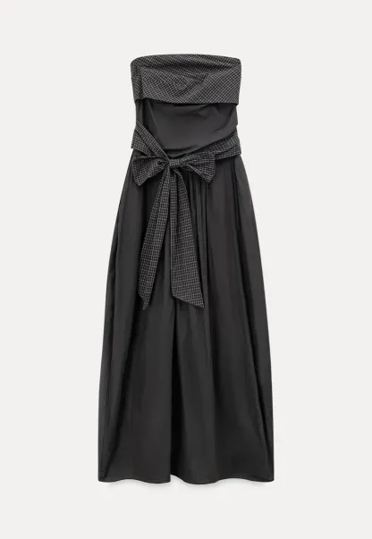 Strapless dress with checkered bodice and tie waist