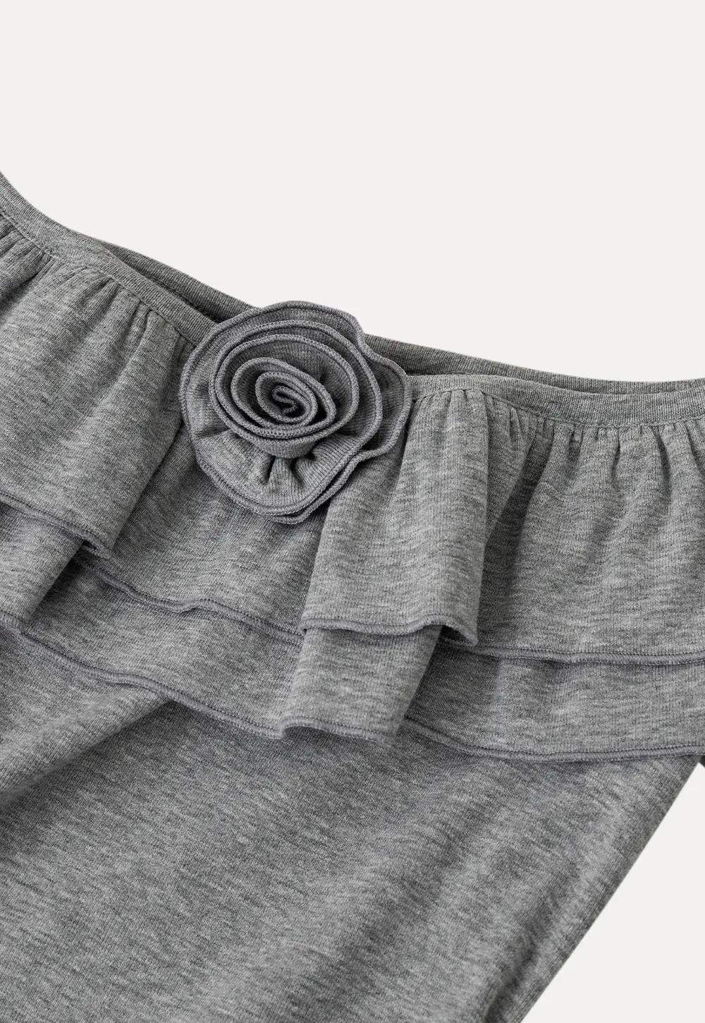 Ruffled Off Shoulder Mini Dress with Floral Applique