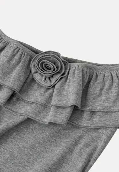 Ruffled Off Shoulder Mini Dress with Floral Applique