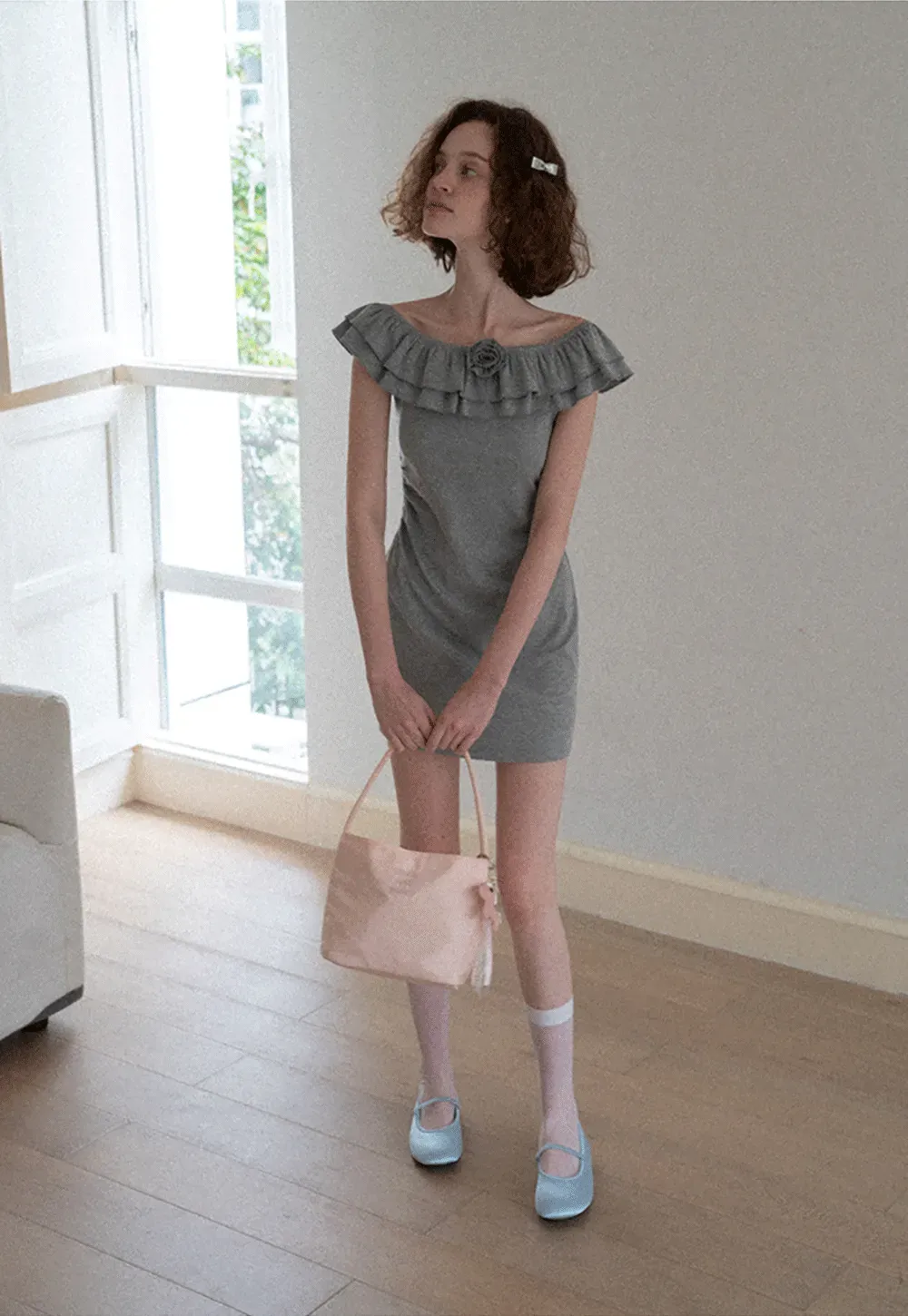 Ruffled Off Shoulder Mini Dress with Floral Applique