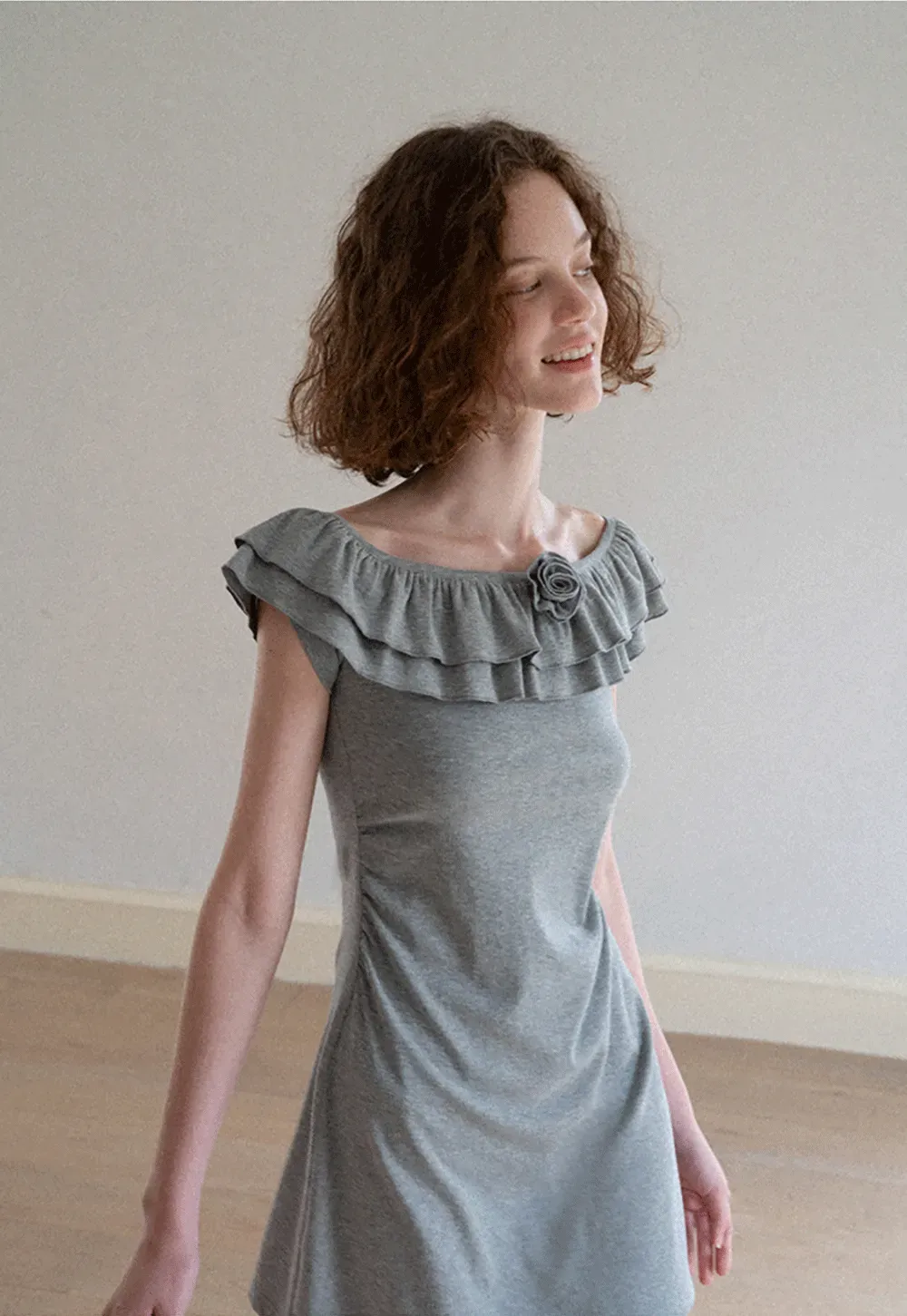 Ruffled Off Shoulder Mini Dress with Floral Applique