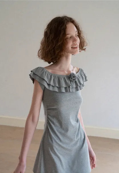 Ruffled Off Shoulder Mini Dress with Floral Applique