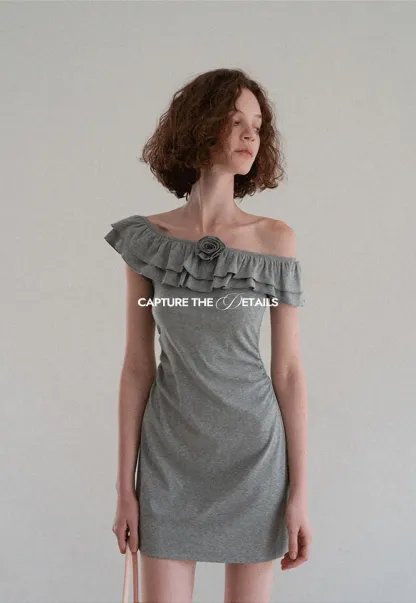 Ruffled Off Shoulder Mini Dress with Floral Applique