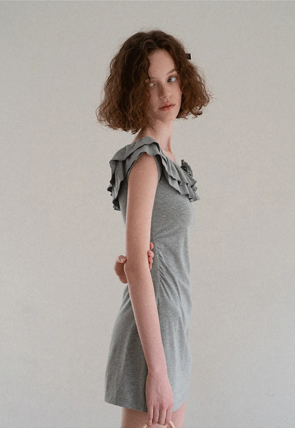 Ruffled Off Shoulder Mini Dress with Floral Applique