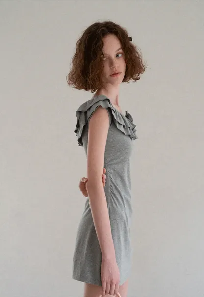 Ruffled Off Shoulder Mini Dress with Floral Applique