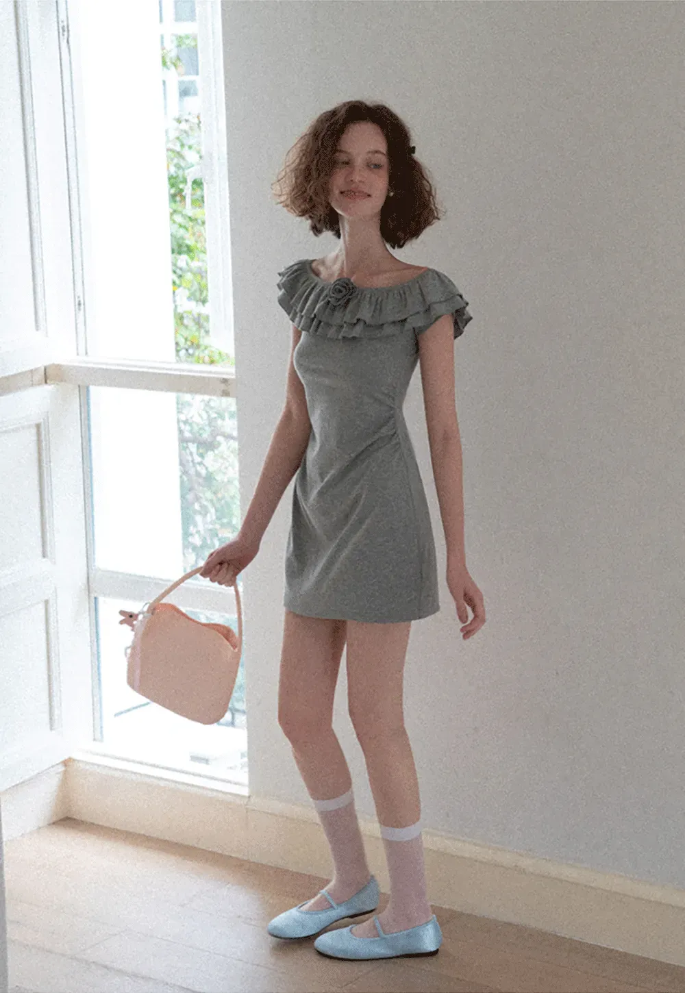 Ruffled Off Shoulder Mini Dress with Floral Applique