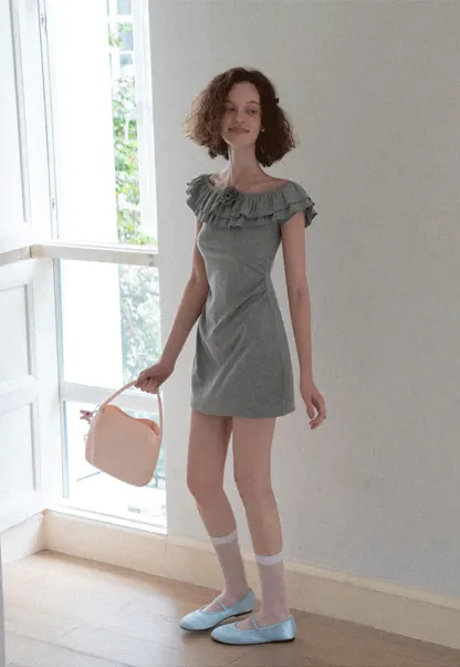 Ruffled Off Shoulder Mini Dress with Floral Applique