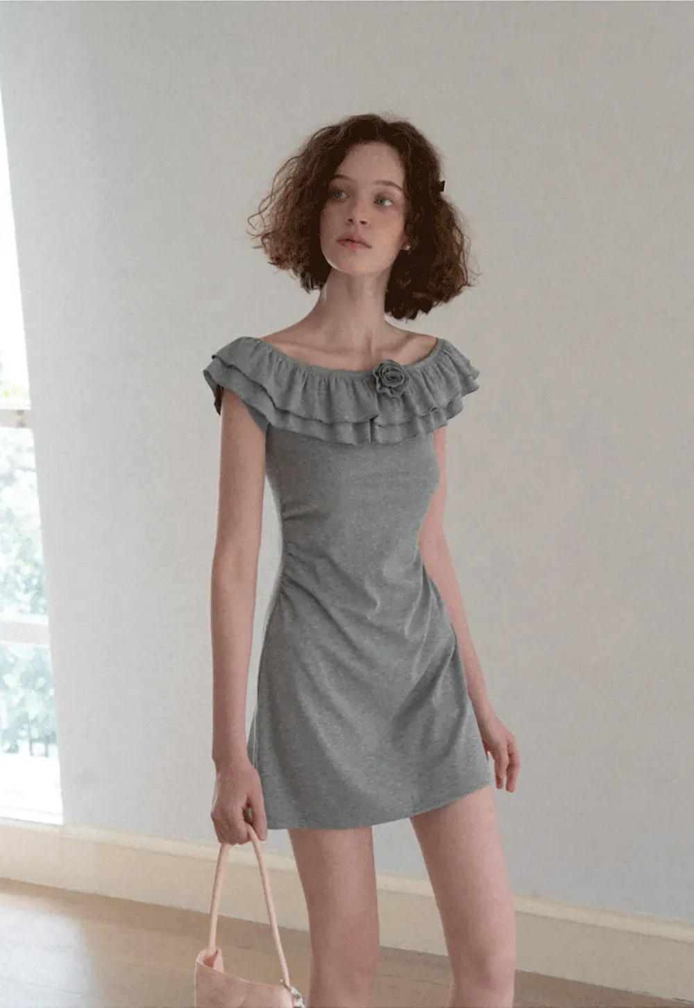 Ruffled Off Shoulder Mini Dress with Floral Applique