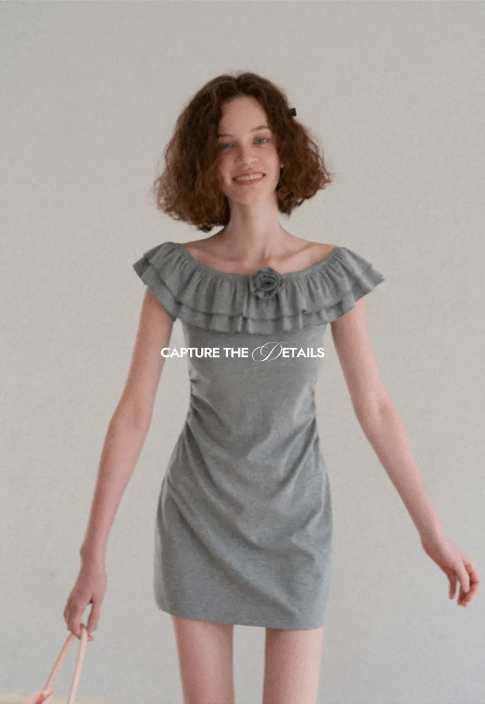 Ruffled Off Shoulder Mini Dress with Floral Applique