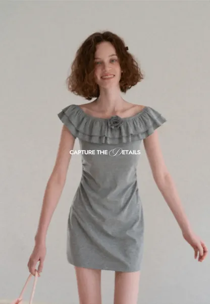 Ruffled Off Shoulder Mini Dress with Floral Applique