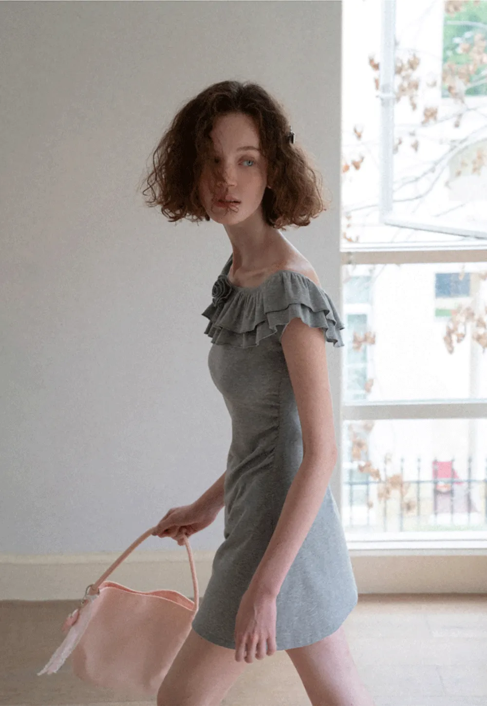 Ruffled Off Shoulder Mini Dress with Floral Applique