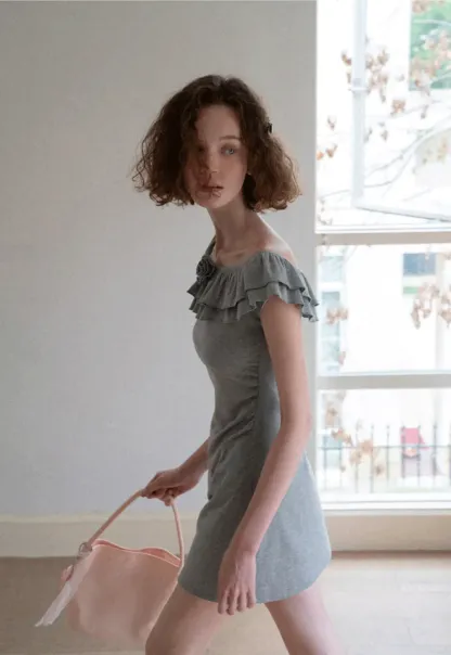 Ruffled Off Shoulder Mini Dress with Floral Applique