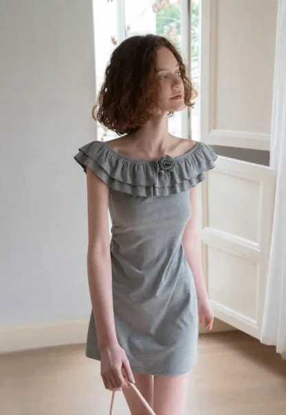 Ruffled Off Shoulder Mini Dress with Floral Applique