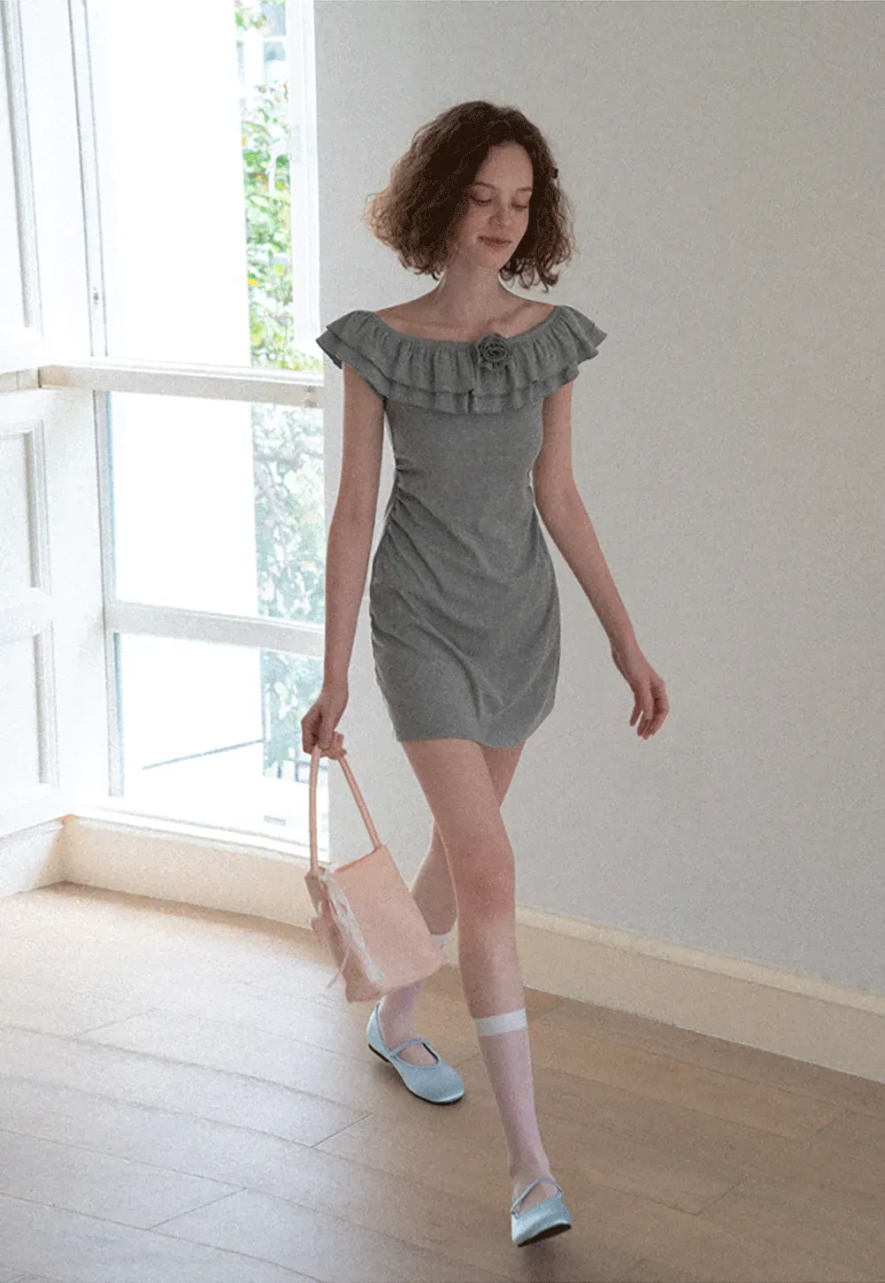 Ruffled Off Shoulder Mini Dress with Floral Applique